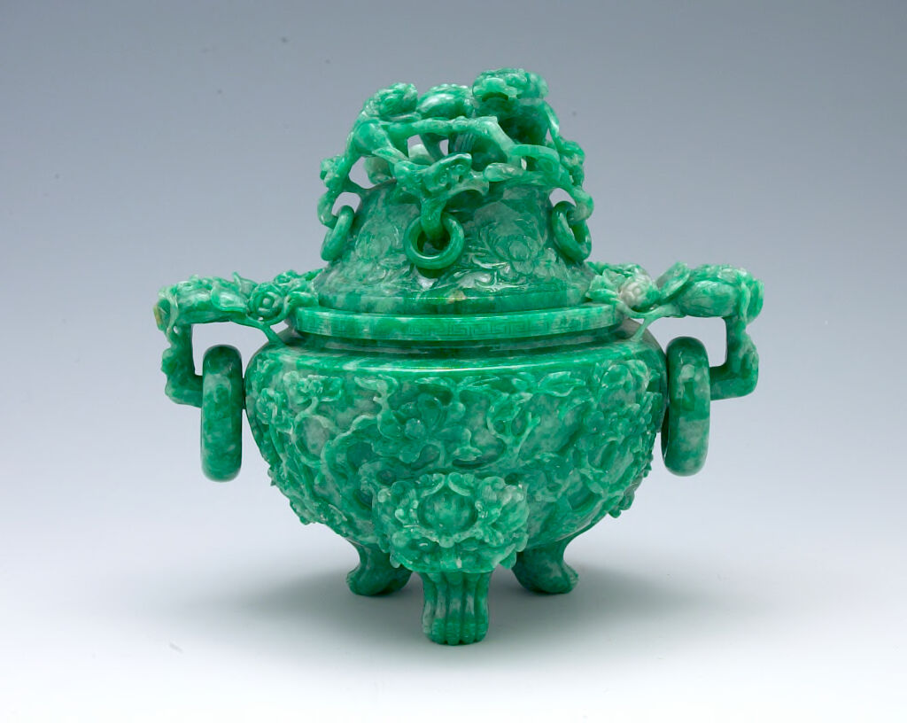 Jade Covered Censer In The Form Of An Archaic Bronze Tripod With Two Ring Handles And Floral Decor