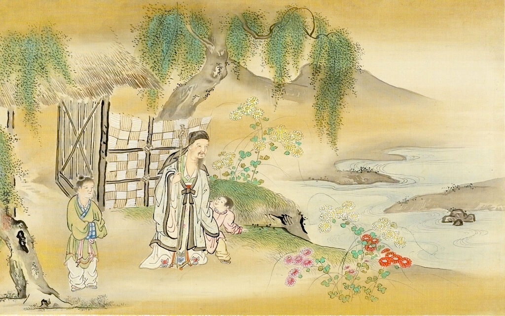 Sage And Attendants Enjoying Chrysanthemums By A Gate And Stream