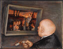 A painting of a man looking at a painting.