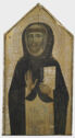 Pentagonal wooden panel painted with image of man holding a book