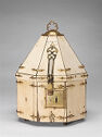 Eight-sided box with eight-sided pyramidal lid and gold hardware paneled in ivory