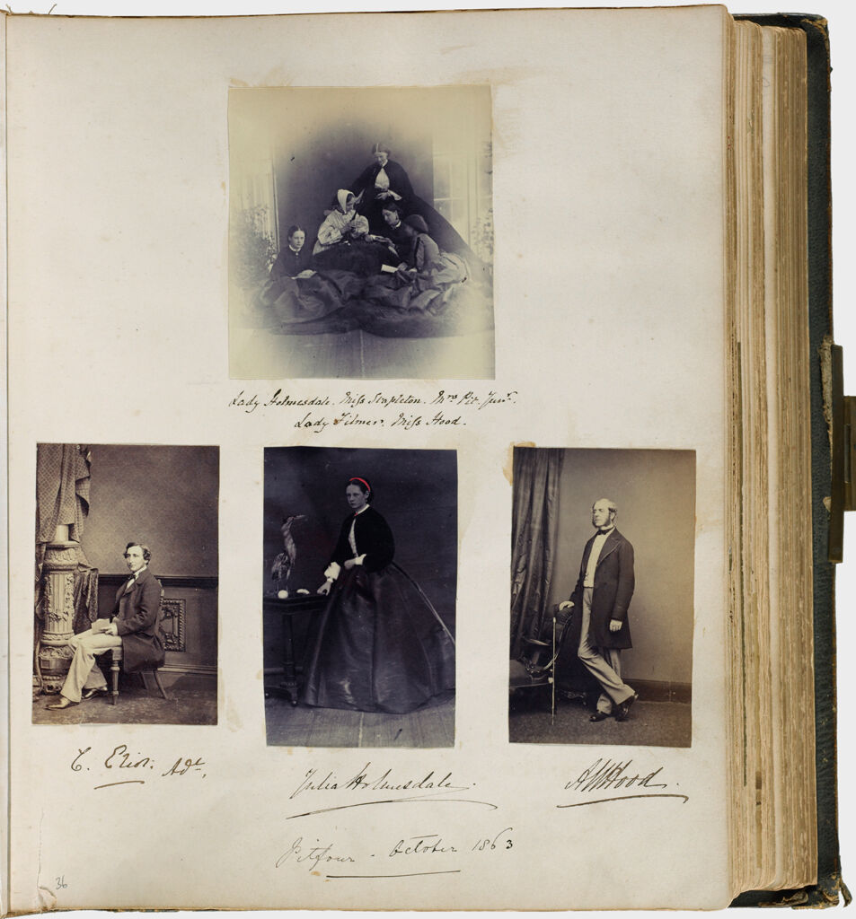 Untitled (Pitfour - October 1863, Four Photographs, Clockwise From Top; Group Photograph, Lady Holmesdale, Miss Stapleton, Mrs. Pit Junior, Lady Filmer, Miss Hood; A. W. Hood; Julia Holmesdale; E. Eliot Adr.)