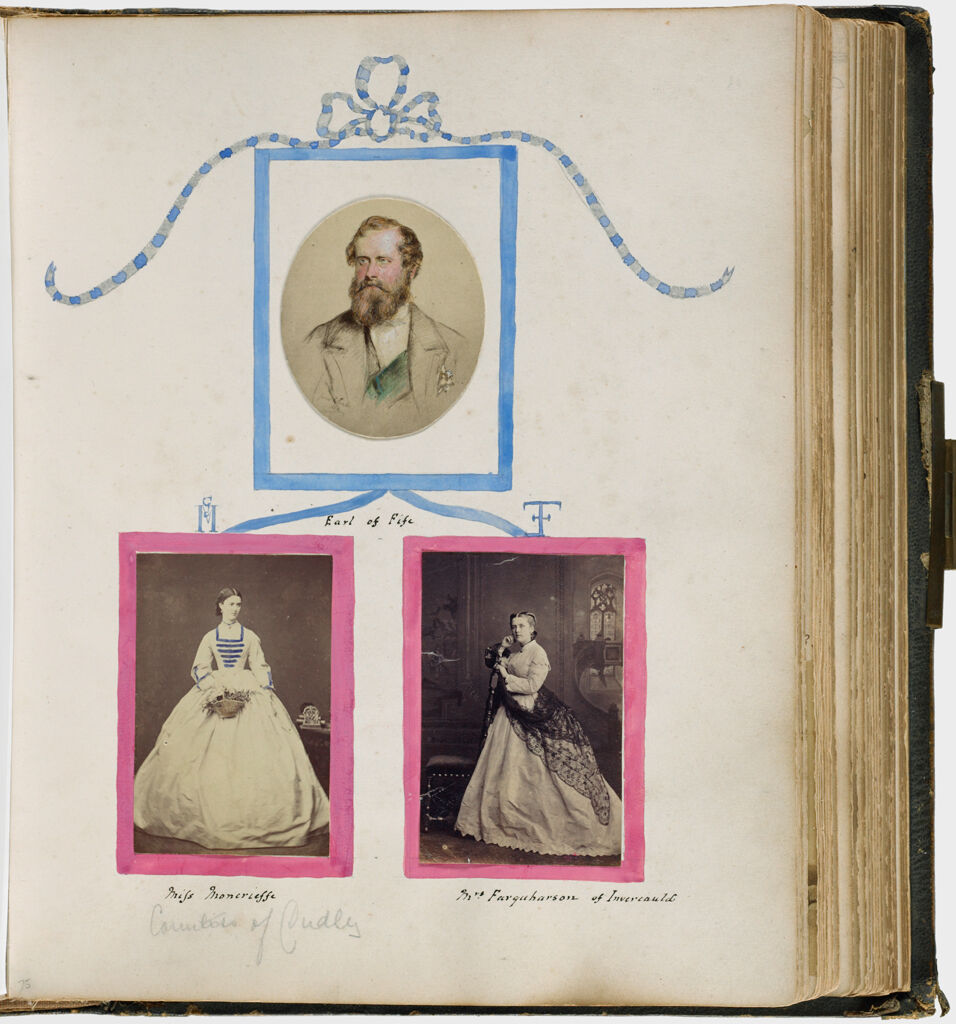 Untitled (Three Photographs, Top Center, Earl Of Fife [From A Reproduction]; Bottom Left, Miss Moncrieff; Bottom Right, Mrs. Farquharson Of Invercauld; Verso: Twelve Names Inscribed, Unrelated To Photographs On Recto Or Facing Page)