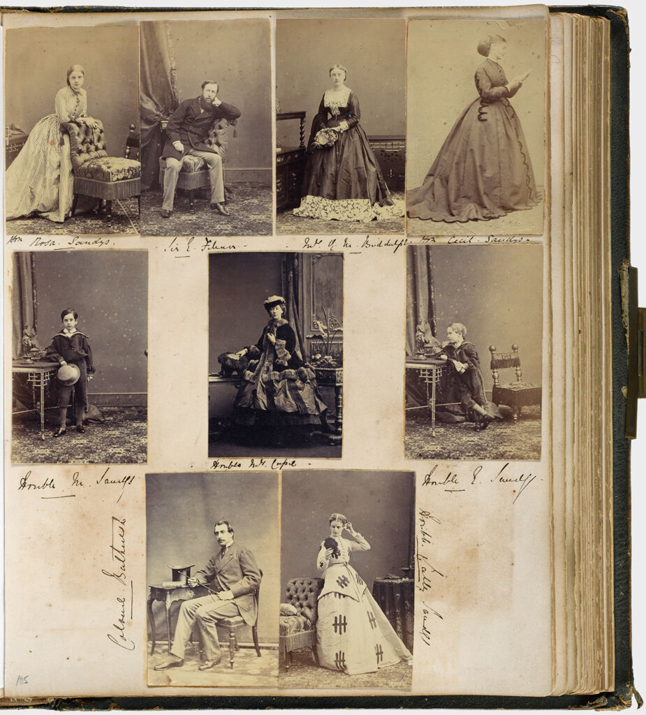 Untitled (Nine Photographs, Clockwise From Top Left, Hon. Rosa Sandys; Sir E. Filmer; Mrs. (?) Biddulph; Hon. Cecil Sandys; Hon. E. Sandys; Hon. Sally Sandys; Colonel Bathurst; Hon. M. Sandys; Center Hon. Mrs. Capel; Verso: 
