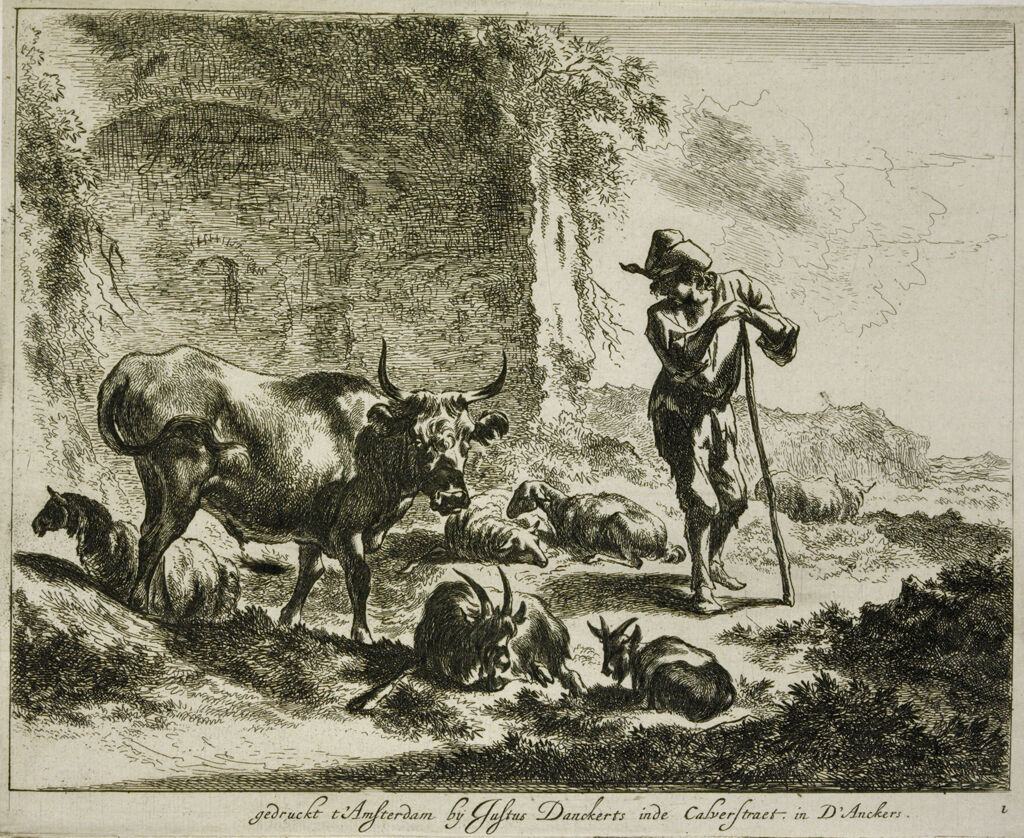 Herdsman Resting On A Staff Near A Ruin