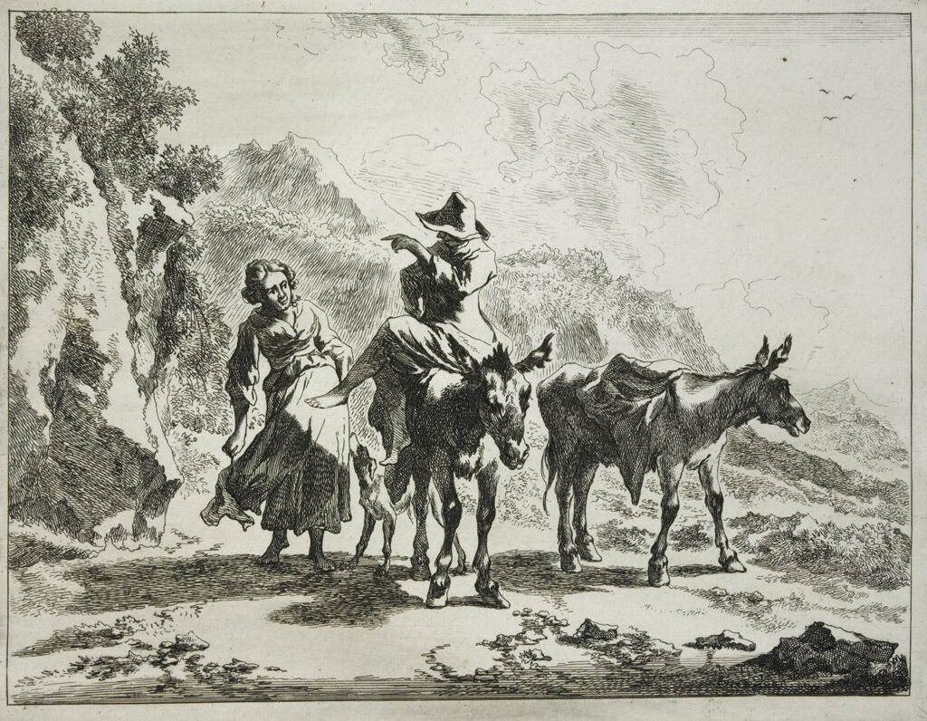 Girl Walking Next To Young Herdsman Riding A Donkey