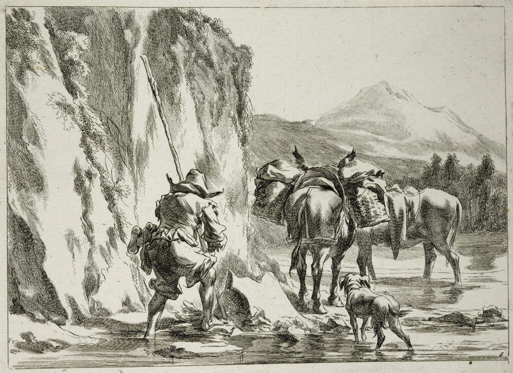 Two Donkeys And A Herdsman At A Ford