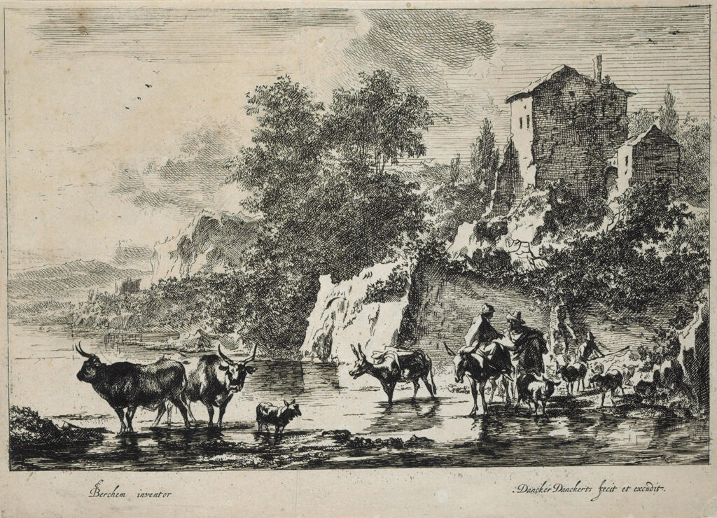 Two Cows In The Water With Herdsmen Approaching A Ford