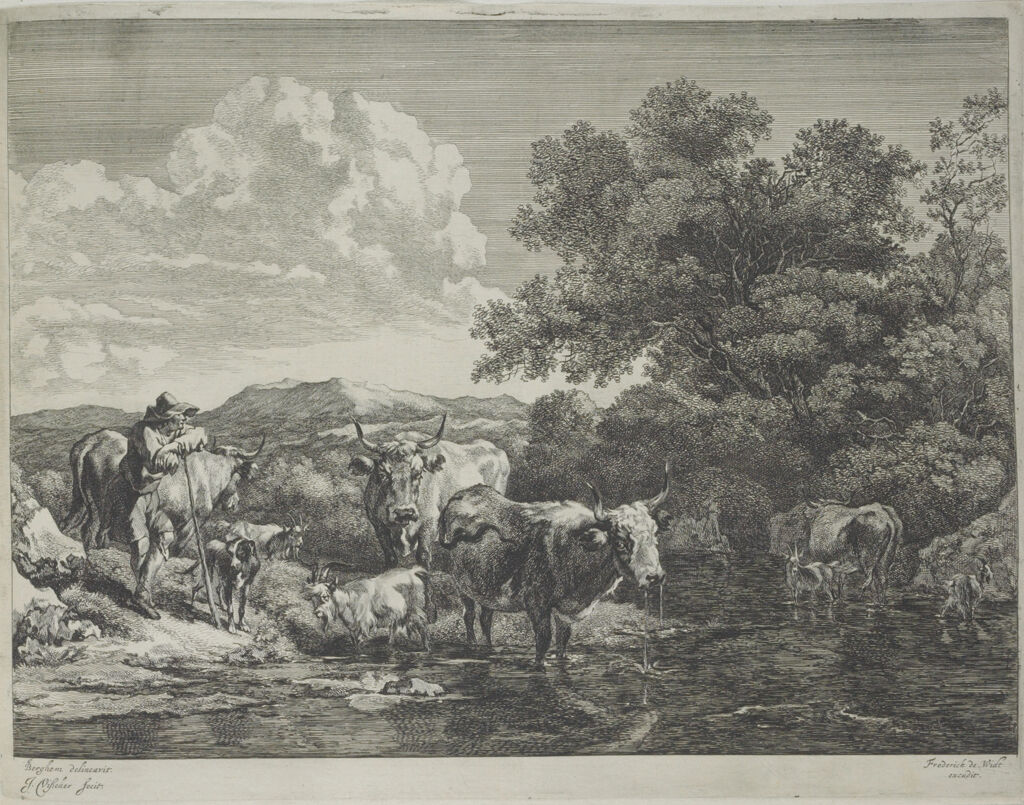 Herdsman Leaning On His Staff, Cattle In A Ford