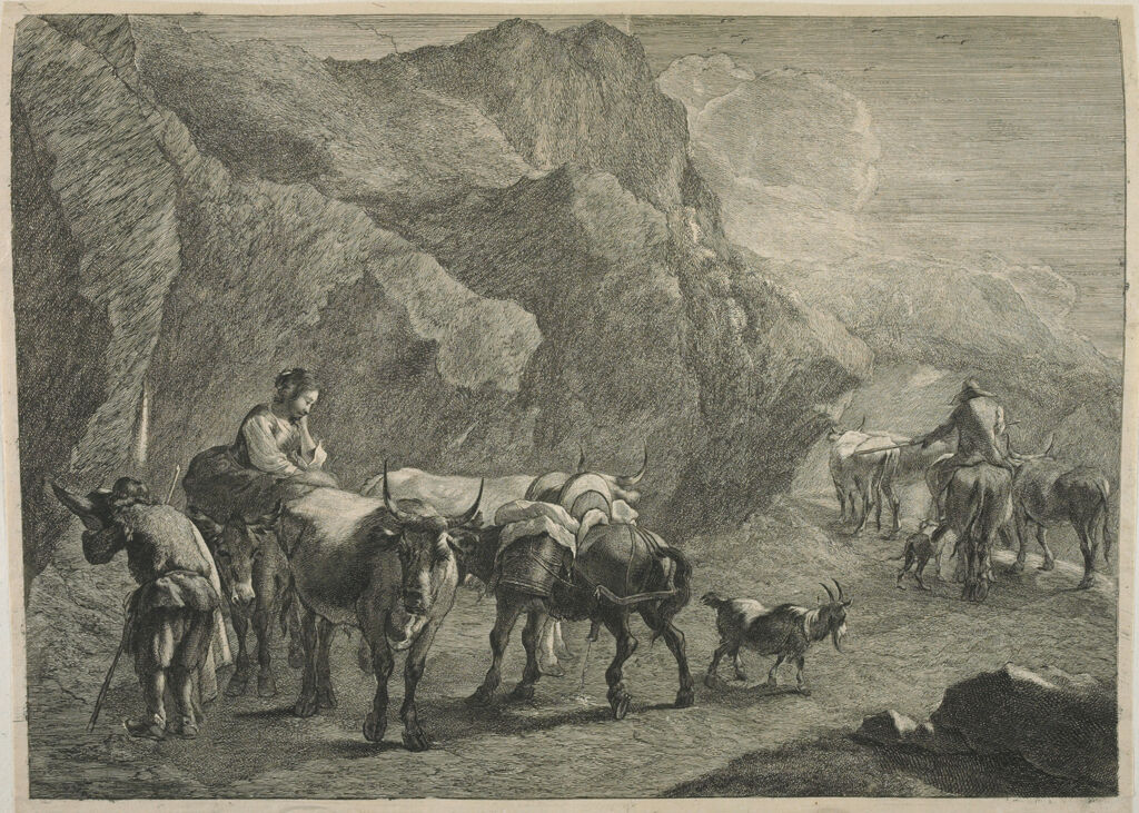 Cowherds And Cattle, Donkeys And A Goat, In A Rocky Landscape