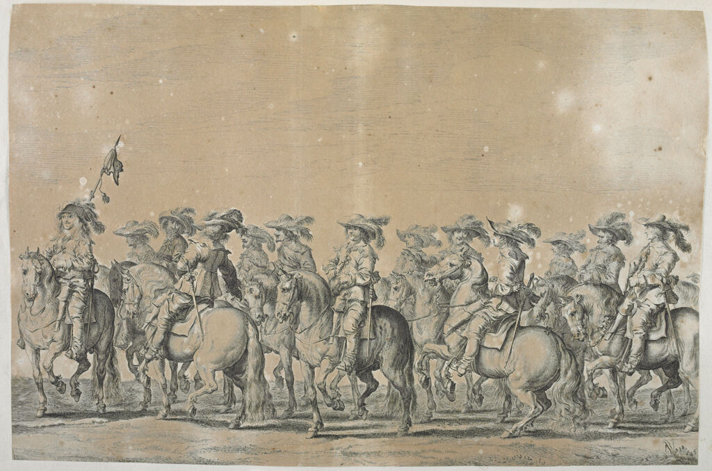 Group Of Courtiers On Horseback Led By Figure With Flag