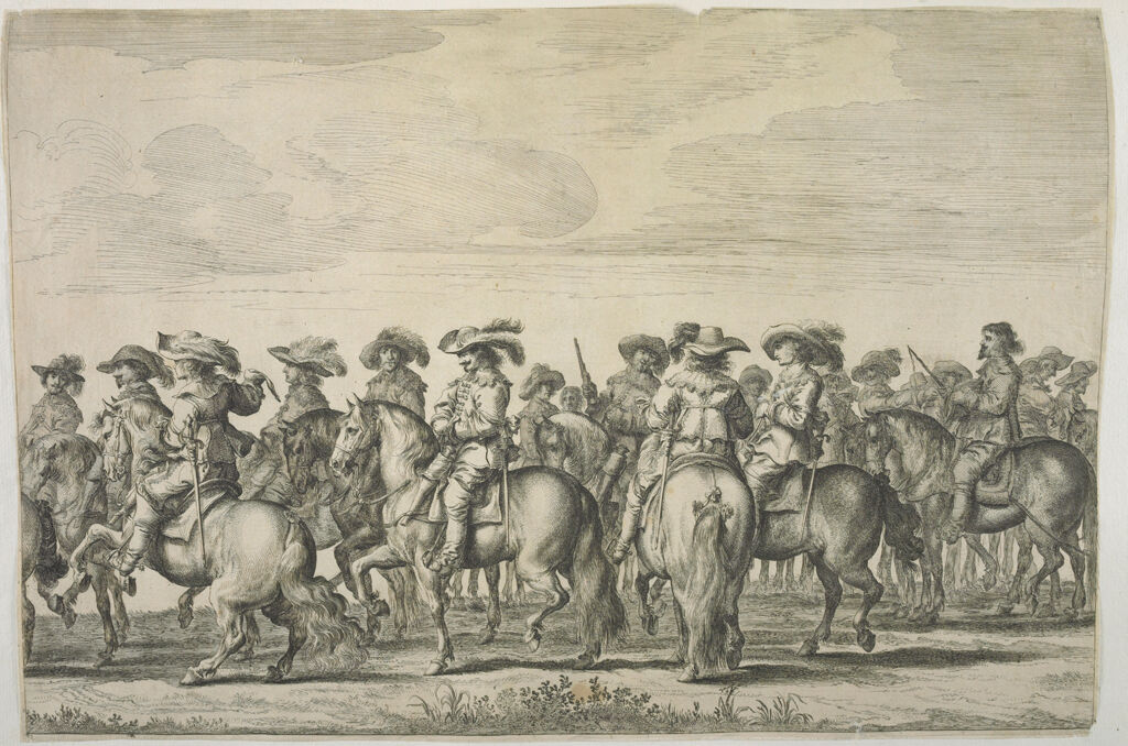 Line Of Courtiers On Horseback Facing Left, Behind Them  A Line Facing Right