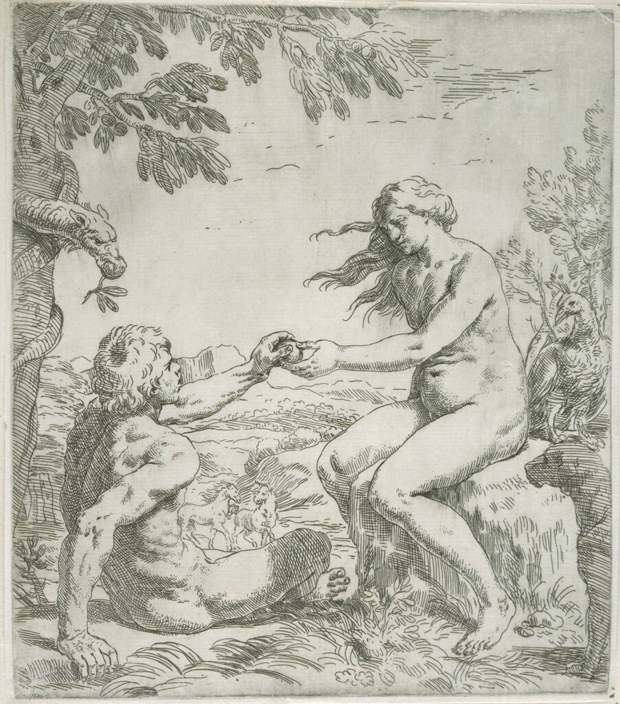 Adam And Eve, Serpent Watching As Adam Takes The Apple From Eve