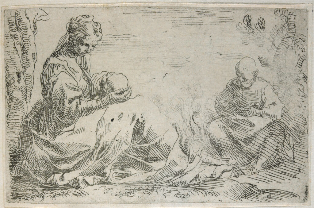 Holy Family At Rest In Egypt, Mary Cradling Jesus In Her Lap, Joseph Reading