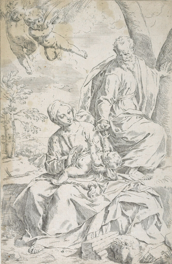Holy Family At Rest On Ruins In Egypt, Mary And Joseph Playing With Infant Jesus, Two Cherubs Hovering Above