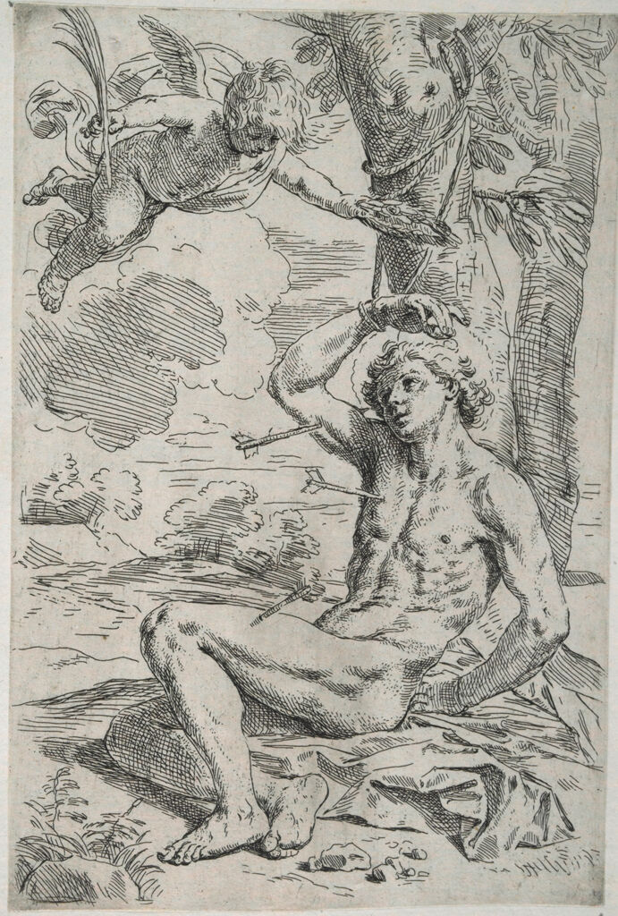 Saint Sebastian, Pierced By Arrows And Tied To A Tree, Greeted By A Cherub