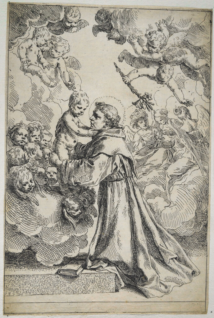 Saint Anthony Of Padua Adoring The Christ Child (Large Plate), Surrounded By Chorus Of Angels And Cherubs Descending With Clouds