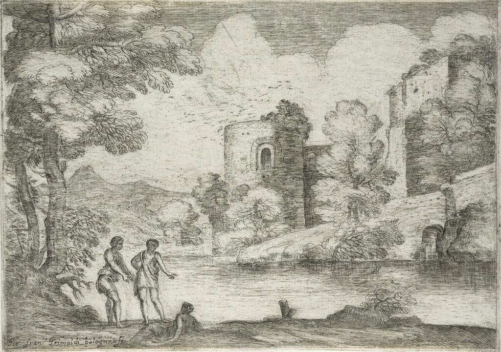 Landscape With Two Men Standing Near A Seated Man