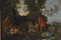 Reclining figures surround a baby in front of a forested landscape