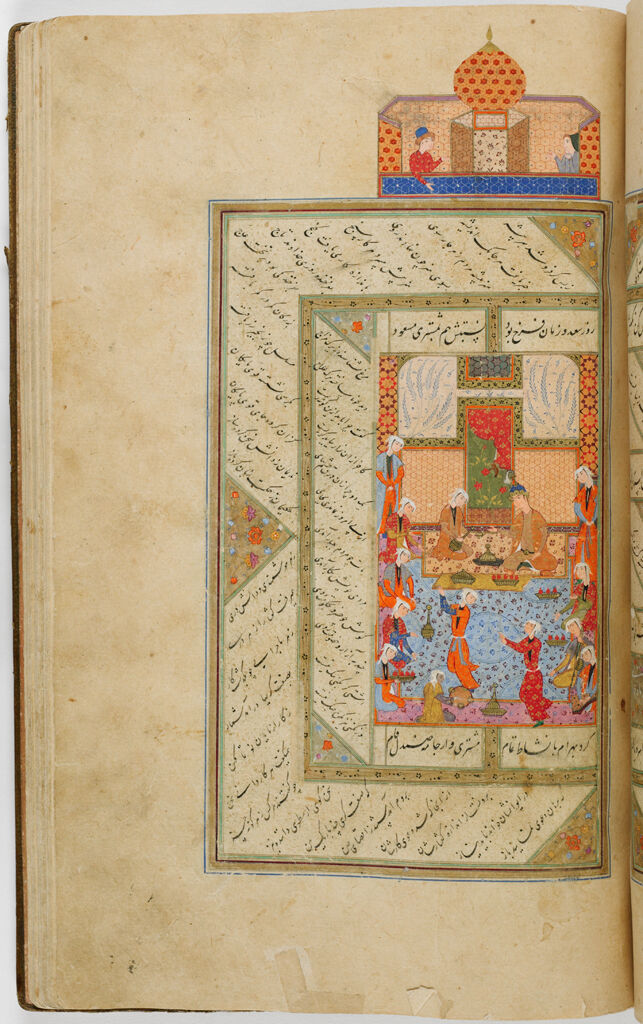 The Sandalwood Pavilion (Painting, Recto), Text (Verso), Illustrated Folio 203 From A Manuscript Of The Khamsa By Amir Khusraw Of Delhi (D. 1325)