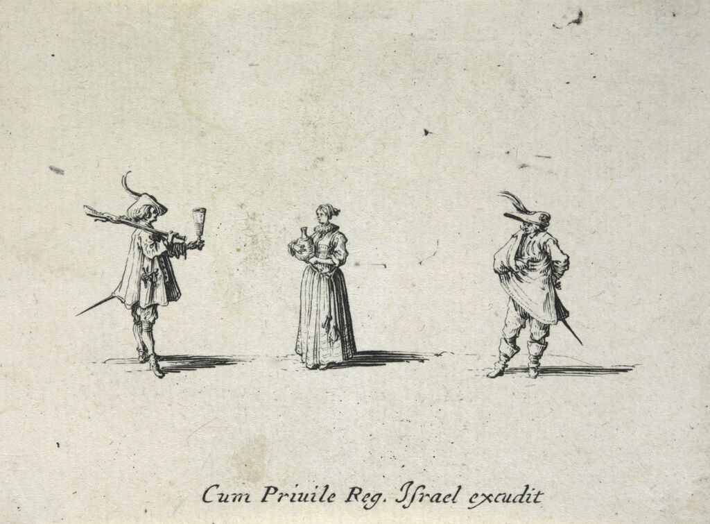 Woman Carrying A Flask Of Wine, Between Two Men