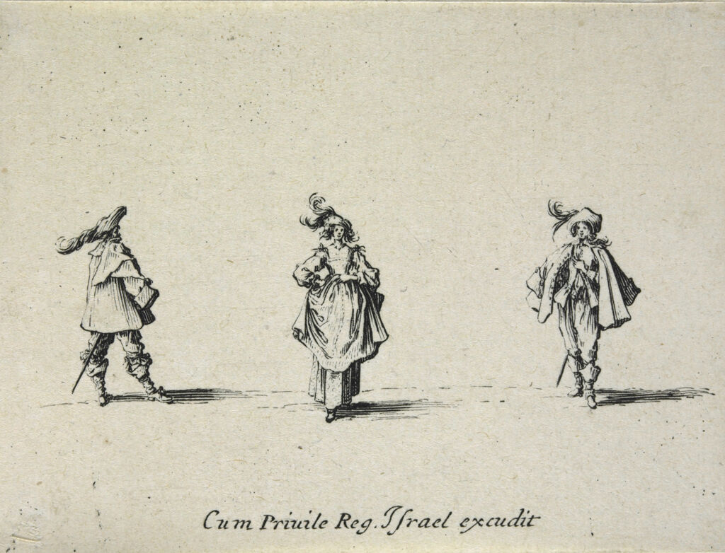 Woman Wearing A Hat With Two Plumes, Her Hands On Her Hips, Between Two Men