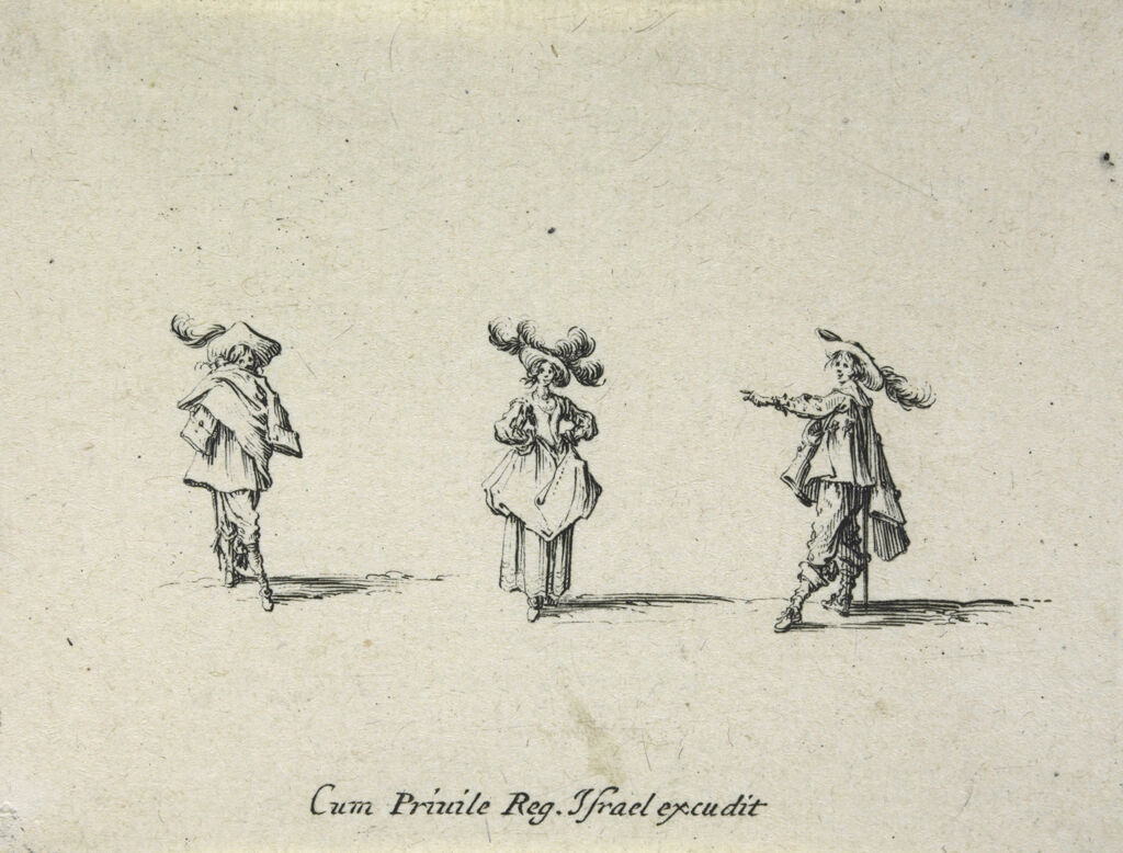 Woman Wearing A Hat With Four Plumes, Her Hands On Her Hips, Between Two Men