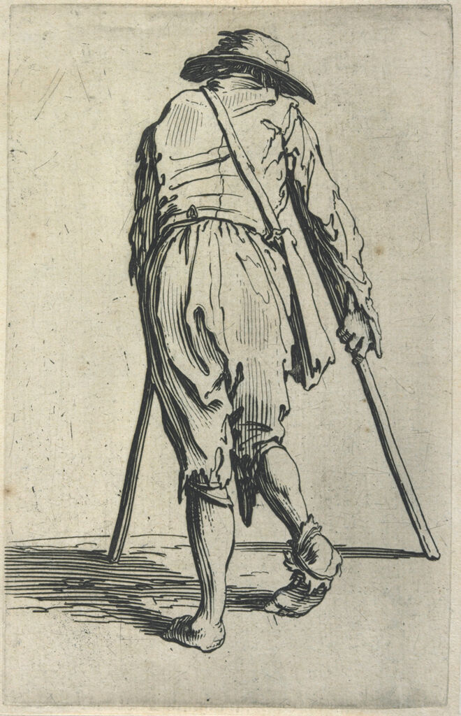 Beggar On Crutches, Wearing A Hat And Seen From Behind