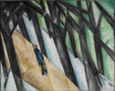 A highly stylized painting of a man in a stand of trees.