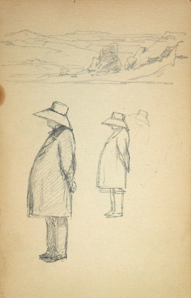Blank Page; Verso: Small Landscape; Two Sketches Of A Figure In An Overcoat