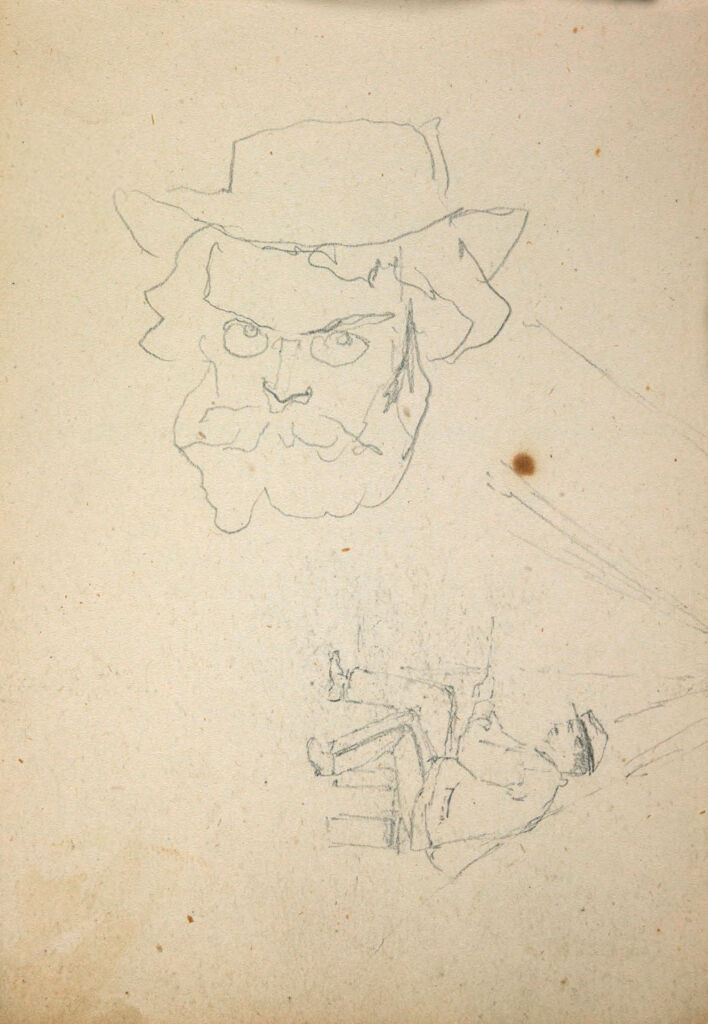 Male Head In A Hat; Soldier Seated In A Tent; Verso: Sketches Of Soldiers And Weapons