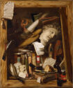 Painting of cupboard filled with books, papers, and a cast of a head