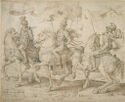 Drawing of three armored men on horseback with banners