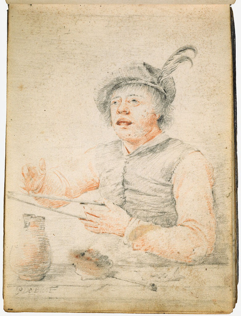 Seated Smoker Holding Tongs; Verso: Blank Page