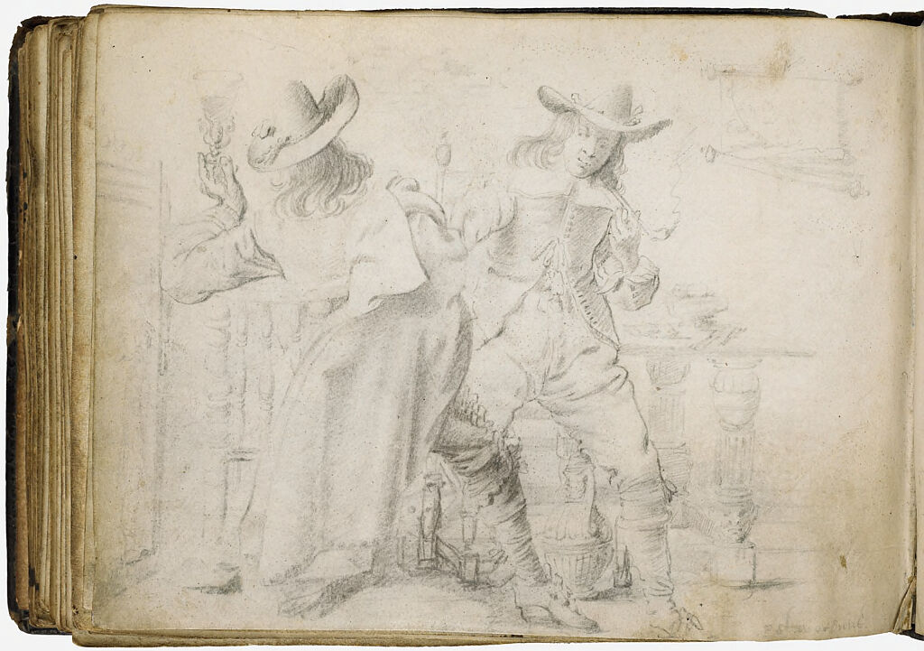 Blank Page; Verso: Two Men Smoking And Drinking