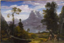 Four women and dogs hunting in a mountainous landscape