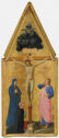 Tall yellow pentagonal panel painted with image of man on cross surrounded by three figures.