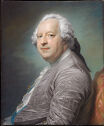 A half length portrait of a man in a white powdered wig and ruffled shirt facing lef