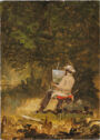 In the forest, a man is seated in front of an easel, painting a landscape.