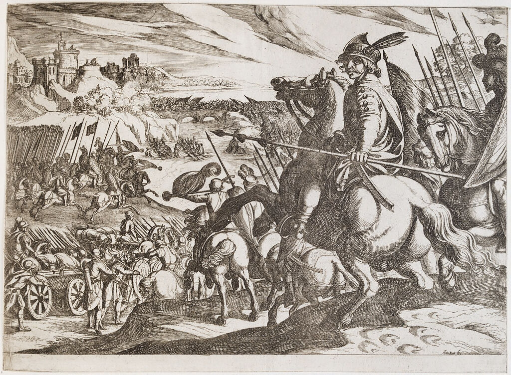 An Army Attacking Across A Bridge, With A Cavalryman In The Foreground