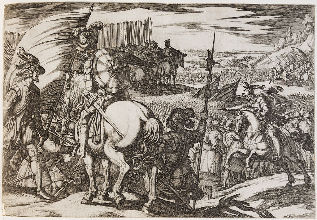 An Army Preparing To Attack, With Standard Bearer And Officer On The Left