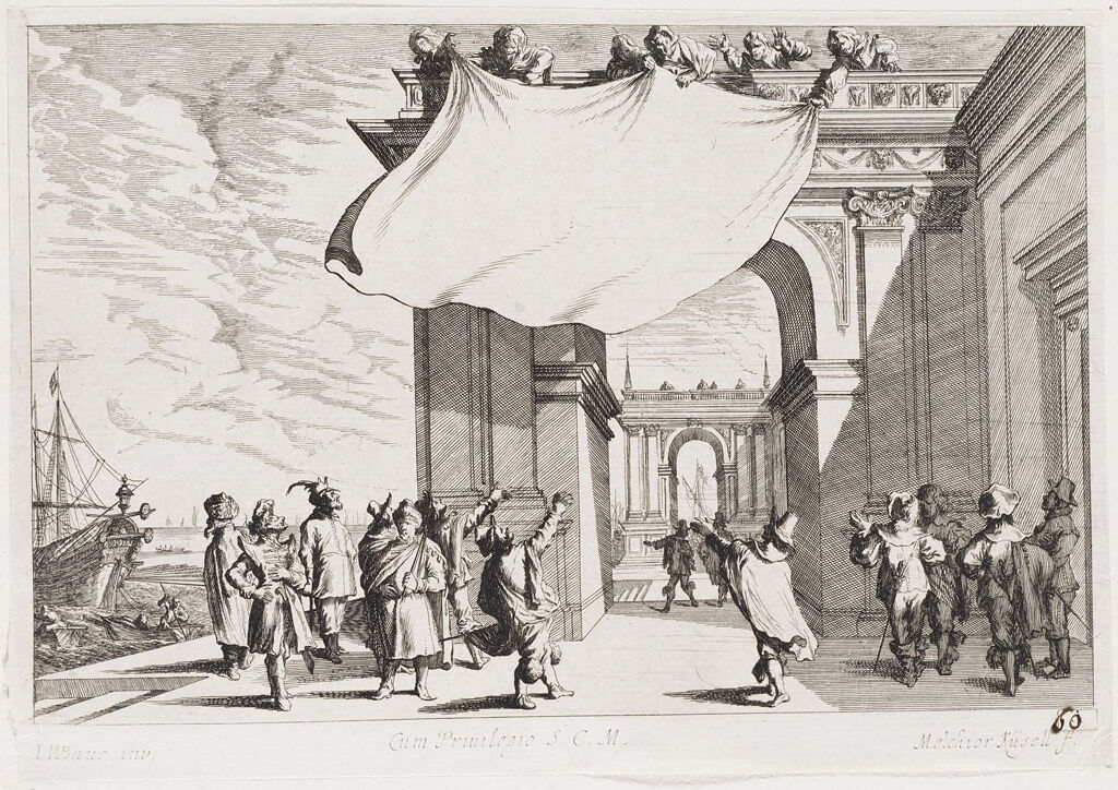 Figures Displaying A Cloth From Atop An Arch, With Spectators Below (Uninscribed Title Page Of The Ports Series)