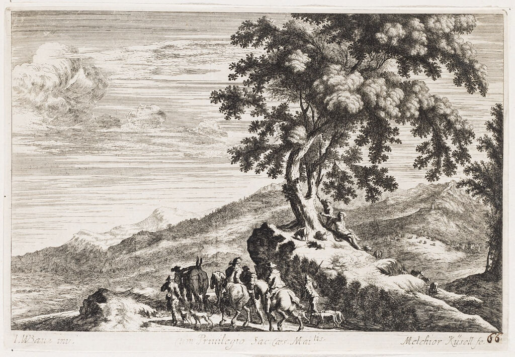 Shepherds Tending Sheep On A Hillock With Large Tree And Shepherd Group On Horseback With Dogs