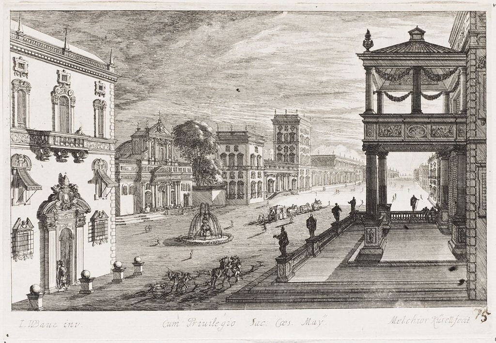 Piazza With Fountain Surrounded By Ornate Palaces; At Right, A Two-Tiered Palace Portico