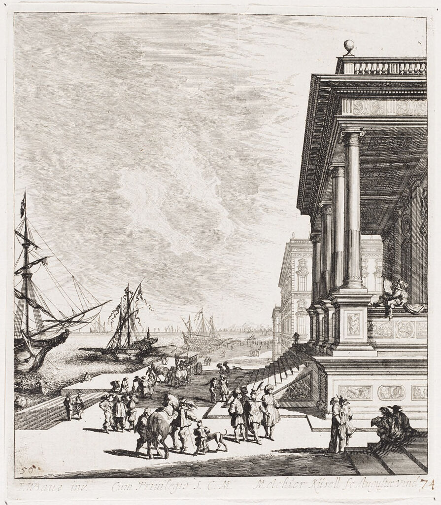 Port Scene With Figures Promenading And Large Porticoed Palace At Right