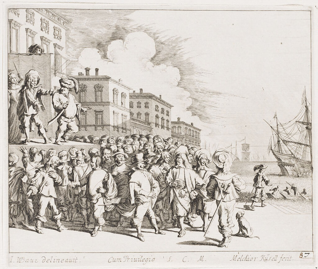 Port Scene With A Crowd Around A Elevated Platform With Four Figures, One Peeking From Behind A Full-Length Curtain