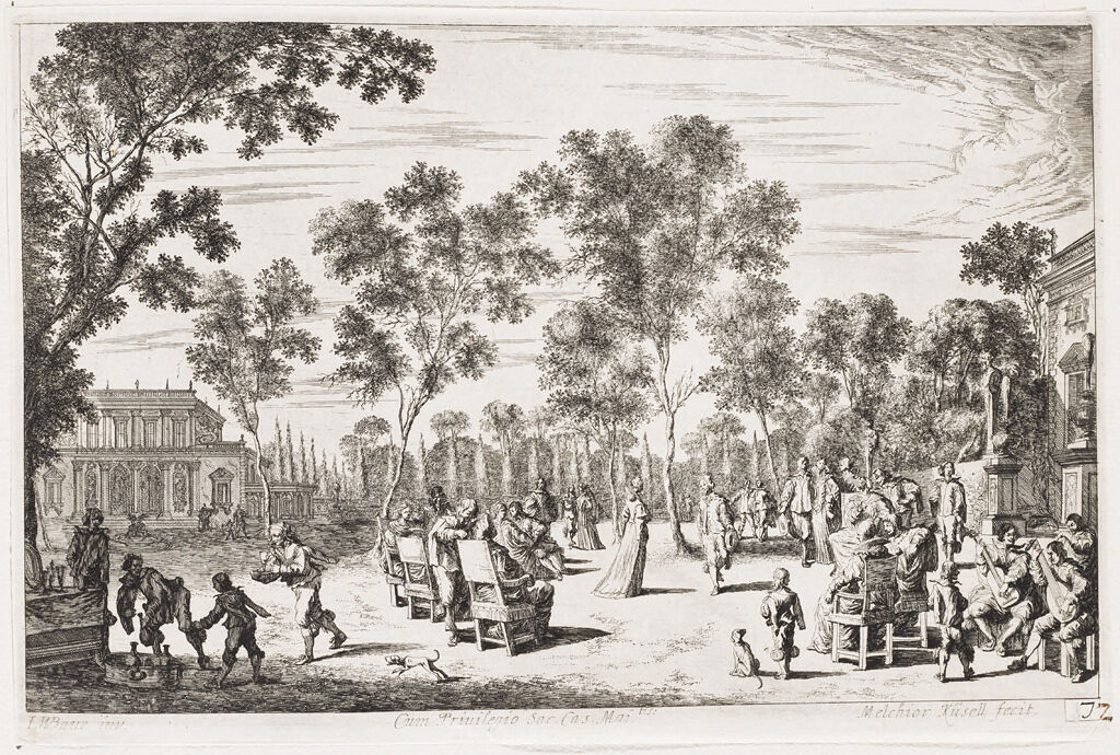 Garden Party With Couple Dancing, Encircled By Seated And Standing Guests; Musicians At Right