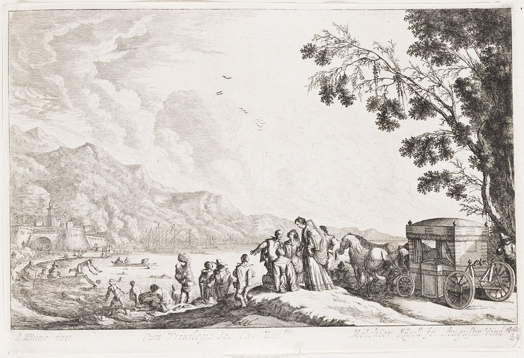 Horse-Drawn Carriage With Well-Dressed Figures And Bathers; Fortress And Port In The Background