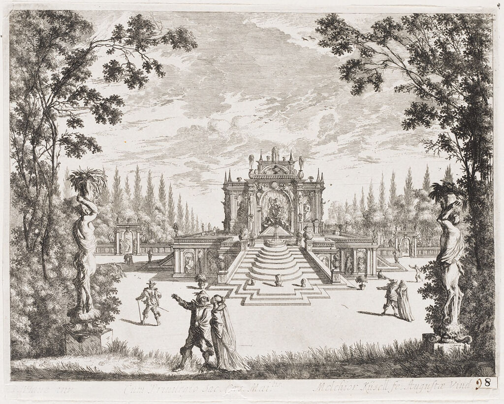Elaborate Sculptural Fountain Complex Seen Through An Opening Flanked By Fauns