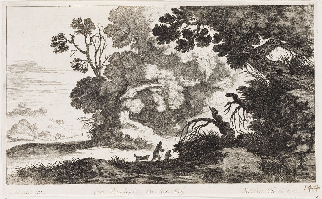 Landscape With Two Shepherds And A Hound In The Foreground, And Two Figures And A Figure On Horseback In The Left Background